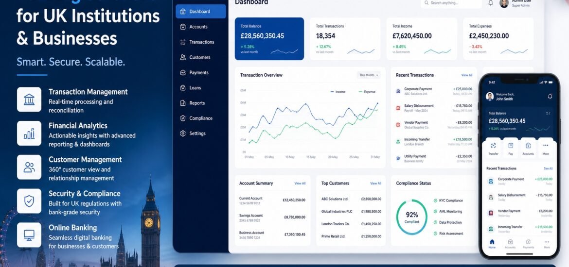 Banking software dashboard interface for UK financial institutions and businesses showing transactions analytics and digital banking features