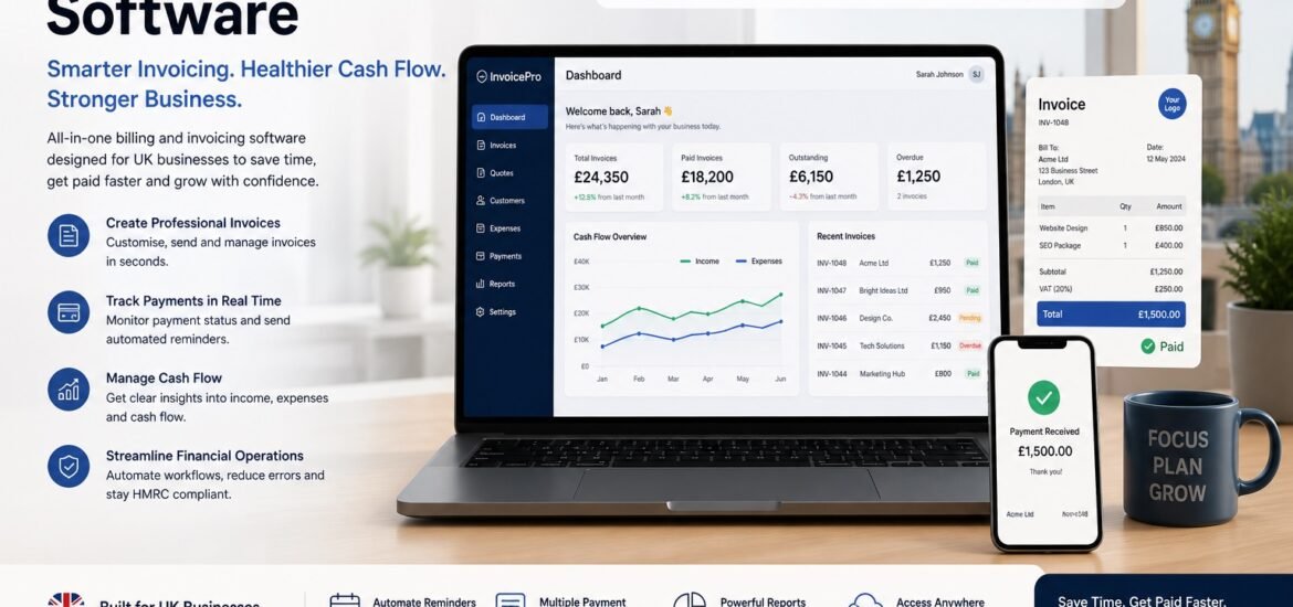 Billing and invoicing software dashboard used by UK businesses for managing invoices, payments and financial records