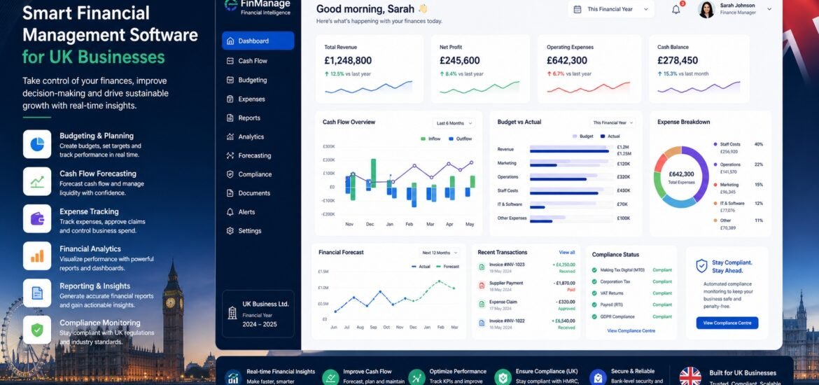 Financial management software dashboard for UK businesses showing budgeting cash flow forecasting financial analytics and reporting tools