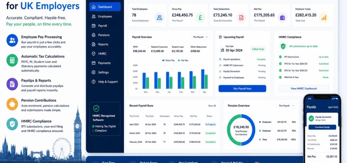 Payroll software dashboard for UK employers showing employee salary processing tax calculations payslips and HMRC compliance features