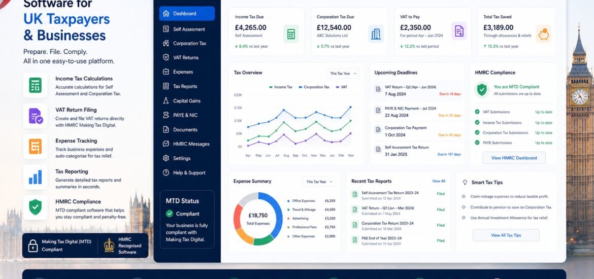Tax preparation software dashboard for UK taxpayers and businesses showing tax filing VAT returns income tax calculations and HMRC compliance tools